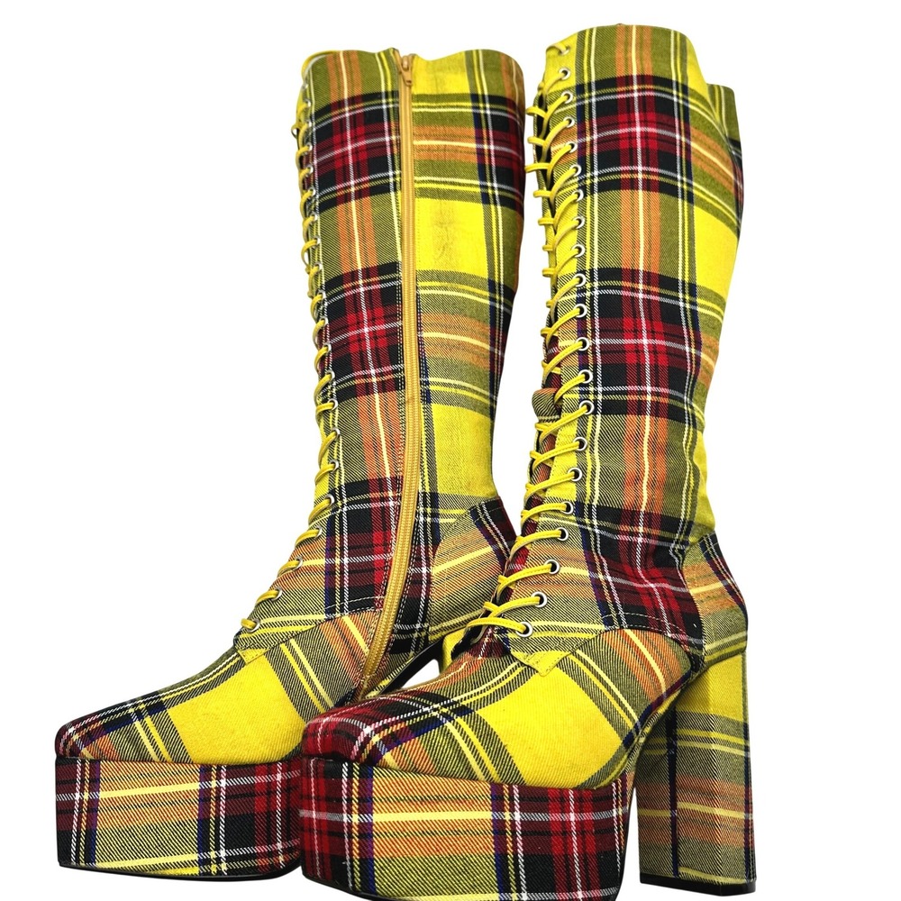 RARE Jeffrey Campbell Cloved-Lu Red/Yellow Tartan Plaid Platform Knee Hi Boots 9